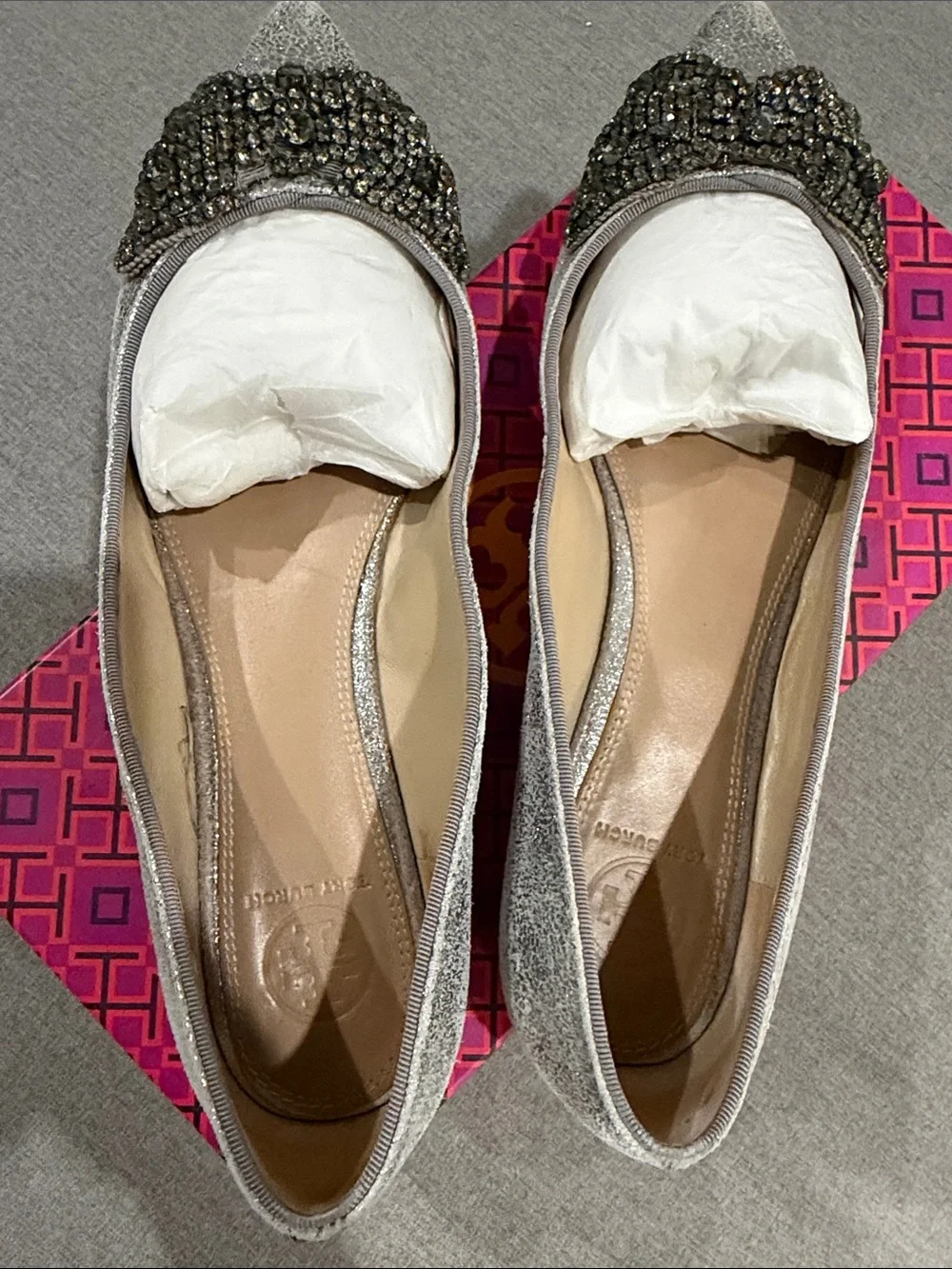 Tory Burch Silver Pointed Toe Embellished Women's Ballet Flats